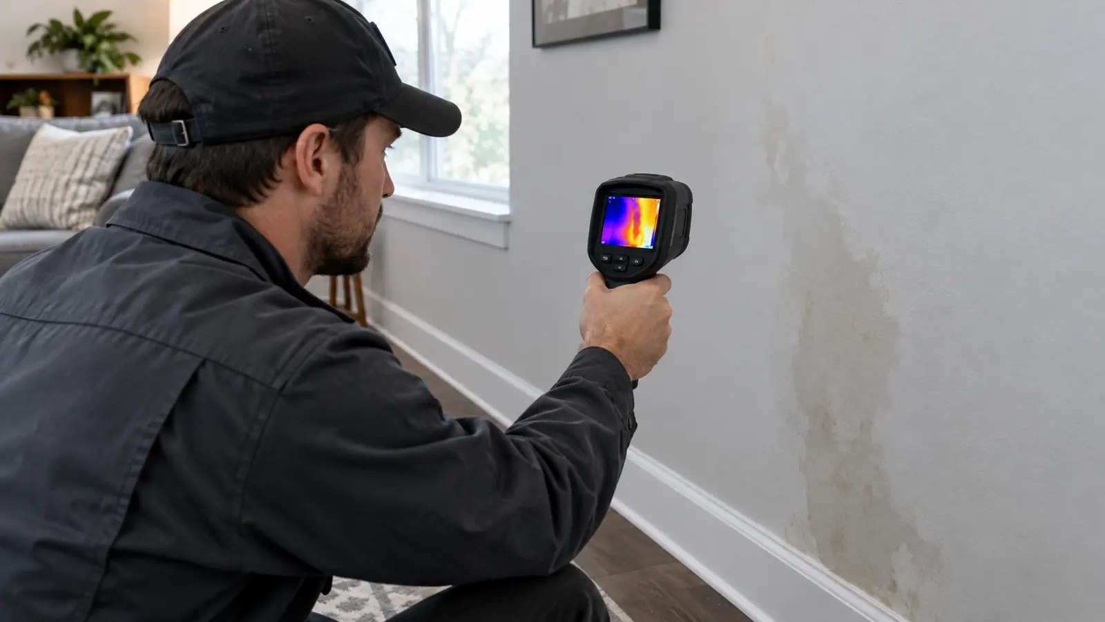 Technician scanning a wall with a thermal camera to find a hidden leak in Tucson