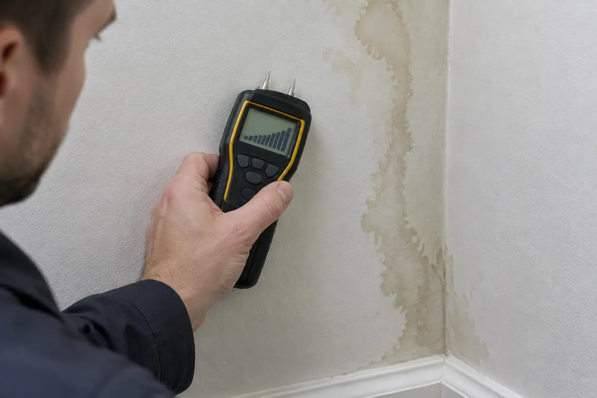 Moisture meter confirming a hidden leak behind drywall
