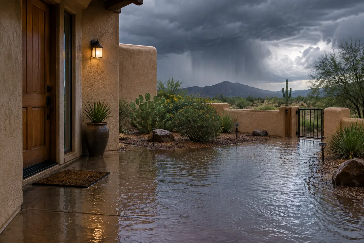 Monsoon storm water flooding the entrance of a stucco Tucson home