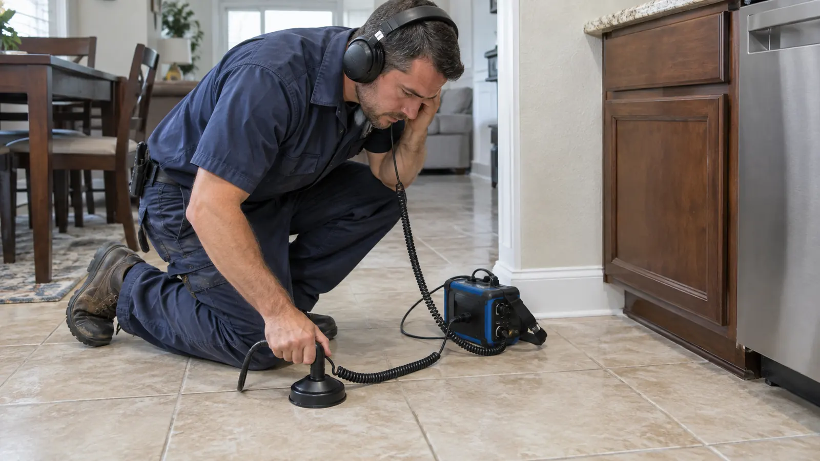 Technician using acoustic equipment to detect a slab leak in a Tucson home