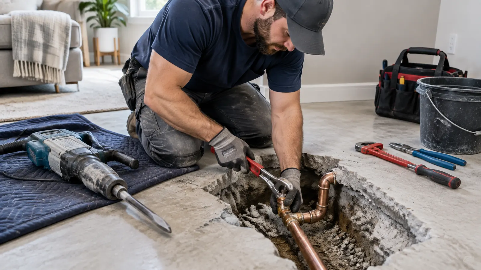 Plumber repairing an exposed pipe in an opened concrete slab in Tucson