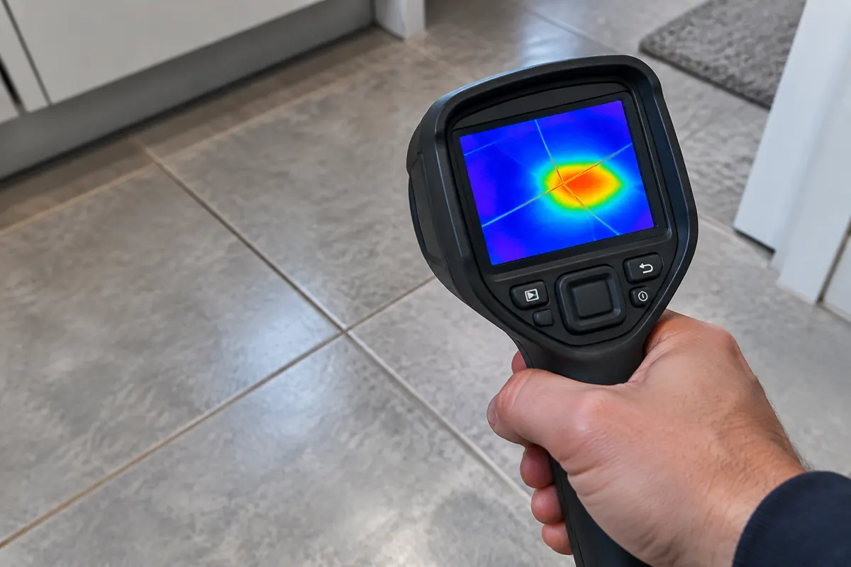 Thermal camera revealing a hot water slab leak under a floor