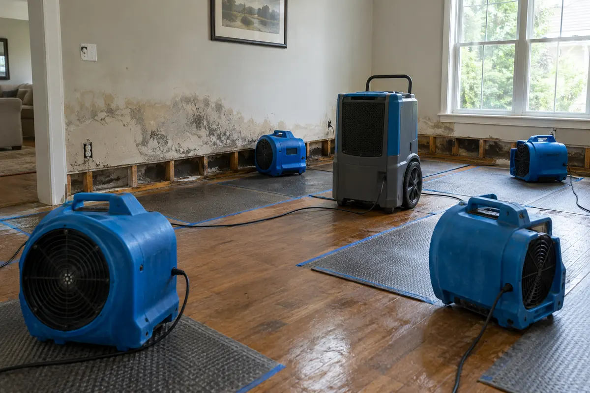 Drying equipment removing moisture from water-damaged walls in a Tucson home